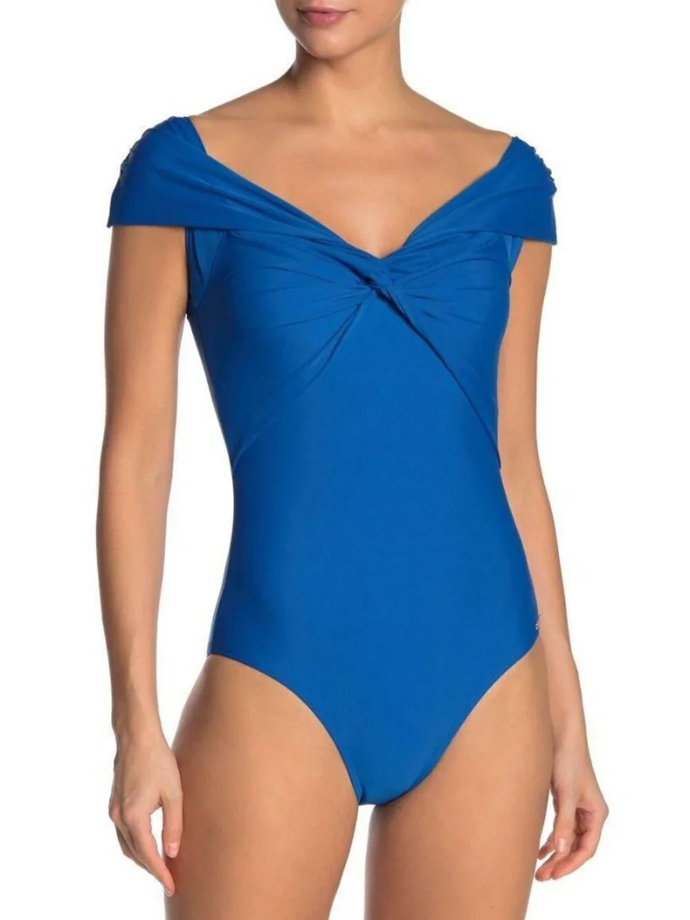Nicole Miller Blue Off-the-Shoulder Twist Front One Piece Swimsuit Size L